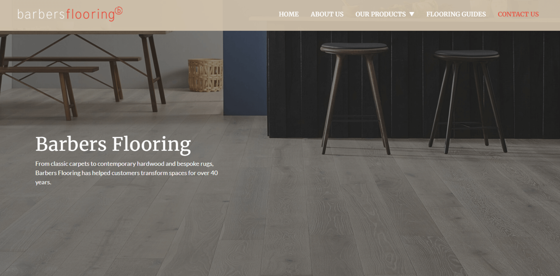 Dev Tech Solutions | Portfolio | Showing the homepage hero section on the Barbers Flooring Website designed for desktop devices
