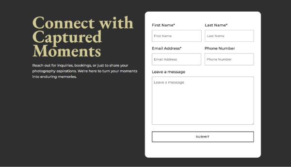 Dev Tech Solutions | Portfolio | Captured Moments | An image showing the contact form and contact details section