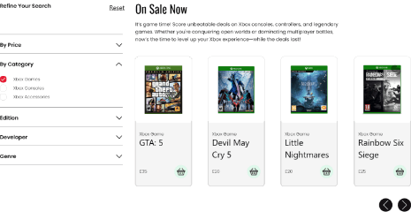 Dev Tech Solutions | Portfolio | Console Craze | Project image showing the games filter and purchase section