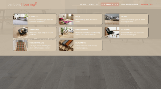 Dev Tech Solutions | Portfolio | An image showing the expanded navigation on the Barbers Flooring website