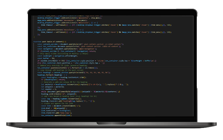 Dev Tech Solutions | Services | an image showing a range of JavaScript code on a mac