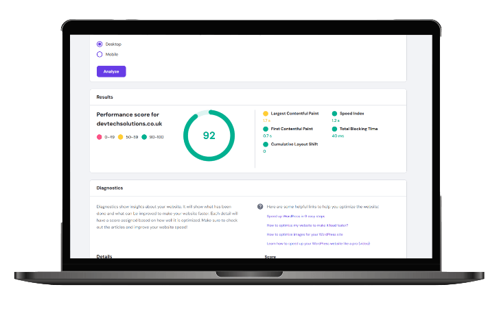 Dev Tech Solutions | Services | an image showing a hosting dashboard on a Macbook
