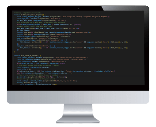 Dev Tech Solutions | An image showing a JavaScript file (Code) presented on a Mac
