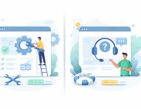Dev Tech solutions | Insights | An image illustration demonstrating a 50/50 split with setting gears and support iconography illuding to the difference between maintenance and support
