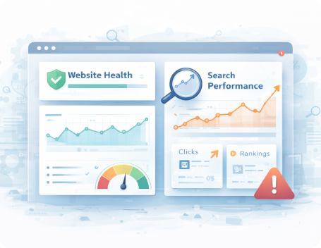Dev Tech solutions | Insights | An image illustration showing a strong website health score and growing traffic results