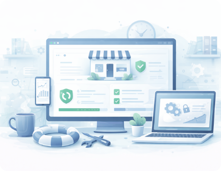 Dev Tech solutions | Insights | An image illustration demonstrating a website on a monitor with green ticks over various areas indicating strong maintenance/security