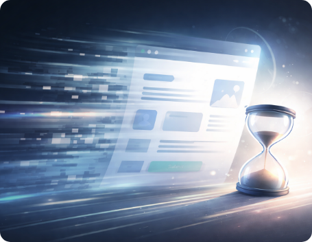 Dev Tech solutions | Insights | An image illustration showing a sand timer and a website moving with motion blur representing speed