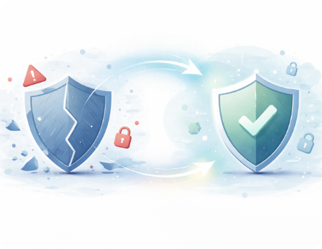 Dev Tech solutions | Insights | An image illustration showing a broken shield with warning transforming into a strong shield with green ticks