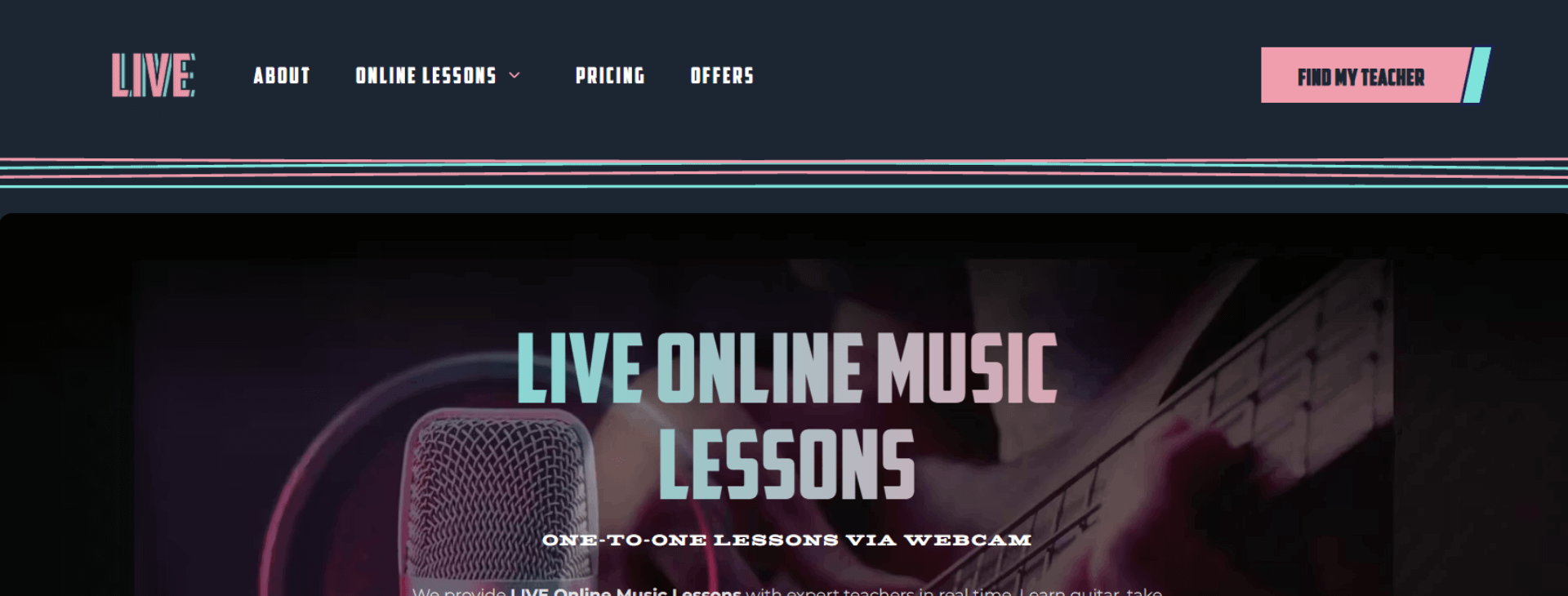 Dev Tech Solutions | Live Online Music Lessons Hero Section super imposed to showcase the navigation and hero content