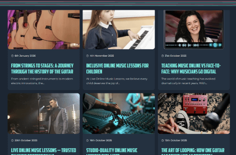 Dev Tech Solutions | Live Online Music Lessons Blog page showcasing various content posts.