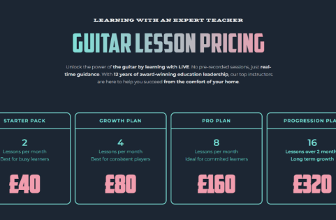 Dev Tech Solutions | Live Online Music Lessons displaying the pricing cards section