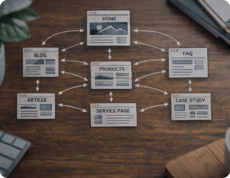 Dev Tech Solutions | Illustration of interconnected website pages showing internal links between blog posts, service pages, and site sections.