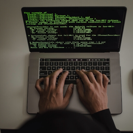 Dev Tech Solutions | Developer working on a laptop displaying system data and technical information.